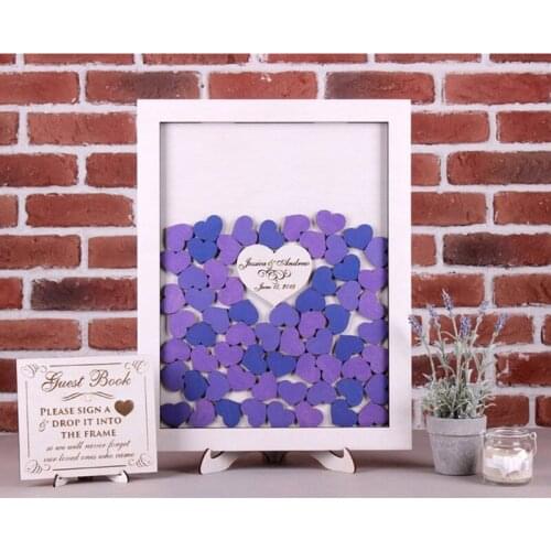 Lavender Guest book hearts drop box alternative personalized wooden purple wedding guest book frame 3D, shadow box, wishes Box