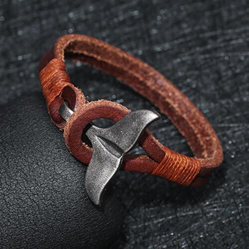 Vintage Jewelry Men Leather Bracelet Whale Tail Design Punk Style For Hombre Camping Men Jewelry Accessories Pulseira