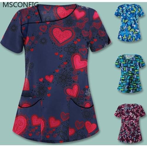 New Cute Cartoon Print Female Nursing Frosted Top T-shirt Casual Short-sleeved Frosted Uniform Nurse V-neck Pocket Clothes