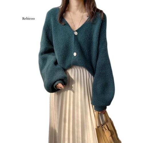 New Oversize Womens Sweaters Autumn Winter Fashionable Casual Blue V-Neck Cardigans Single Breasted Puff Sleeve Loose Cardigan