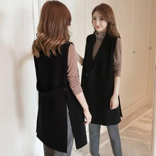 New Korean Fashion Split Long Womens Vest Spring Elegant Black Sleeveless Jacket Female Solid Cardigan Waistcoat Vests Colete