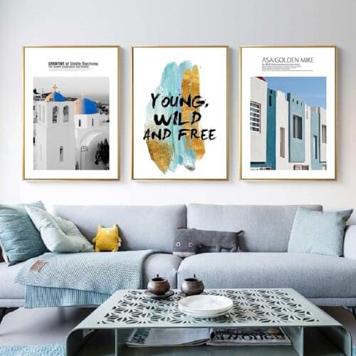 Nordic Blue White Mediterranean Architectural Posters and Prints Wall Art Wild and Free Wall Pictures for Living Room Home Decor