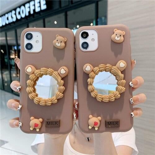 For Samsung A12 A51 A31 A71 A21S A50 A02S A32 Fashion 3D Cute bear Case Galaxy A22 A82 A70 A52 A72 Cartoon Makeup mirror Cover