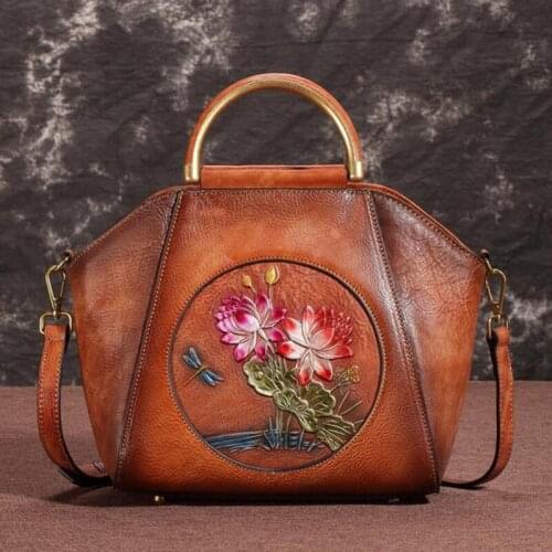 Female Bag Cowhide Top Handle Messenger Bags Embossed Retro Design Cross Body Handbag Women Tote Shoulder Genuine Leather Bag