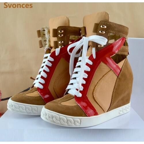 New Khaki Hollow Casual Shoes Woman Boots Height Increasing Zip Nubuck Leather Shoes Lady Fashion Platform Womens Wedge Botas
