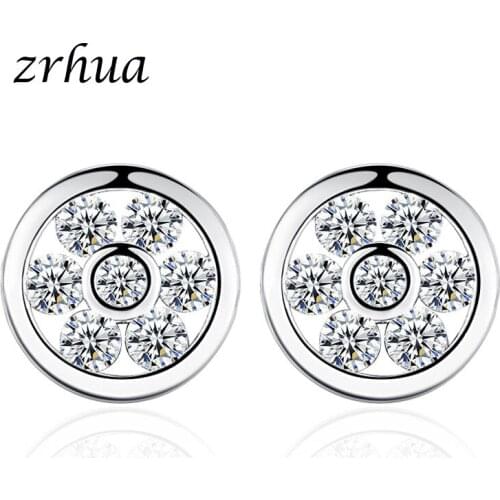 ZRHUA 925 Sterling Silver Fashion Blossoms Flower Crystal Ladies`Classic Hollow Round Stud Earrings Women Jewelry Birthday Gift
