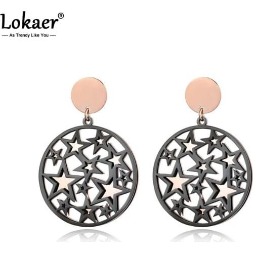 Lokaer New Arrive Rose Gold Color Black Double Hollow Stars Titanium Steel Womens Earrings Female Patry Gift E17065
