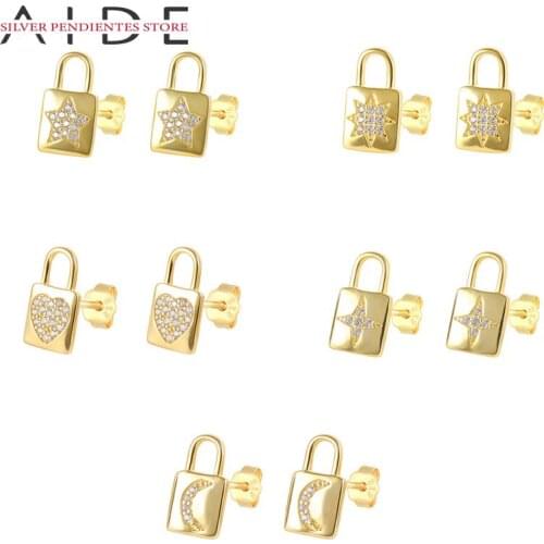 AIDE Small Pendientes 925 Sterling Silver Stud Earrings Women Moon Heart Star Lock Shape Earrings Earring Korean Aretes De Mujer