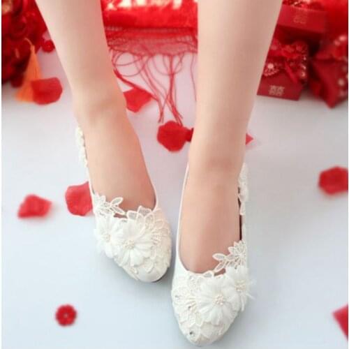 Handmade customized plus sizes low high middle heel lace flowers wedding shoes bride ladies bridal proms dinner party white shoe