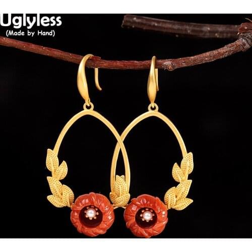Uglyless Olive Branch Earrings for Women Natural Agate Flower Brincos Bijoux Gold Leaves 925 Silver Ethnic Jewelry Pearls Stamen
