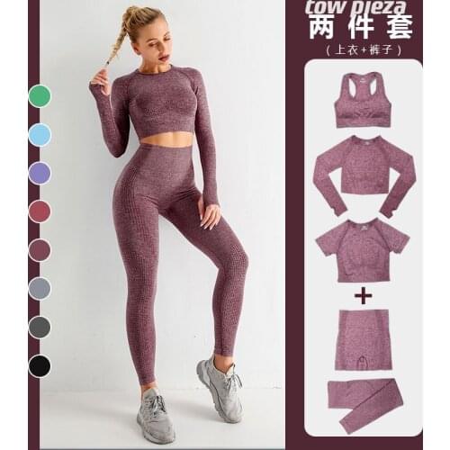 2PCS Seamless Women Yoga Set Workout Sportswear Gym Clothing Fitness Long Sleeve Crop Top High Waist Leggings Sports Suits