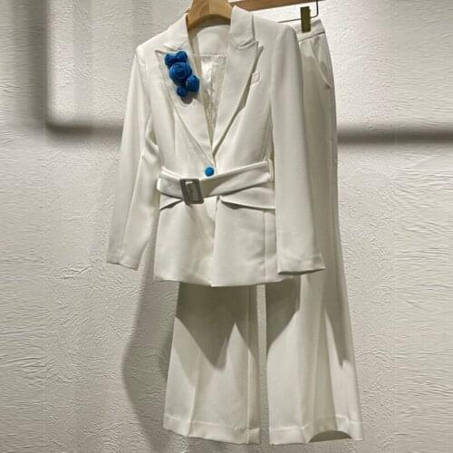 Fashion Designer 2021 Autumn Two Pieces Set Women Elegant 3D Floral with Belt Top+High Waist Pants Suits