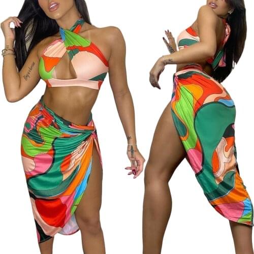 2Pcs Women Summer Outfit Splicing Color Halter Neck Backless Crop Tops + Ruffled Slit Skirt for Girls Green