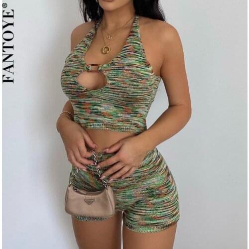 FANTOYE Sleeveless Kintted Halter Two Pieces Set New Women Slim Rainbow Sweater Crop Top and Shorts Female Sexy Outfits Clubwear
