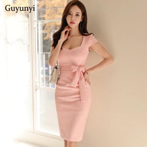 Pink Office Lady Dress 2021 Summer Korean Version Elegant High Waist Tight Simple Square Collar Temperament Party Dress Women