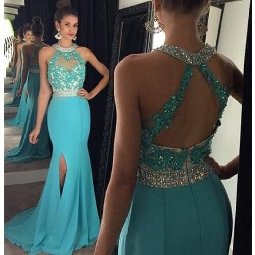 Sexy Halter Long Side Slit Mermaid Prom Dresses 2021 Light Sky Blue Robe de soiree Evening Party Dress For Graduation