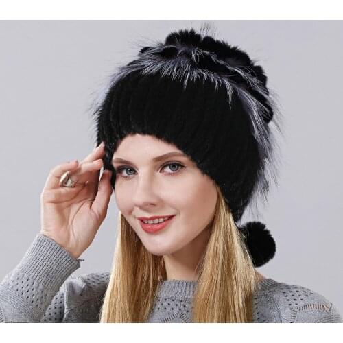 2017 Hot Sale Rabbit Fur Flower Shape Mix Fox Fur Cap Fashion Winter Warm Women Knitting Caps Real Mink hat Vertical Weaving