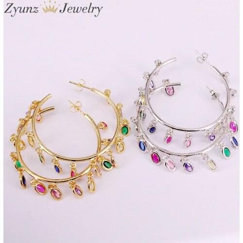 4Pairs, Cz Micro Pave Party Jewelry Multicolor Earring Studs Gold / Silver Color Rainbow Crystal Dangling Charms Earrings