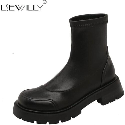 Lsewilly Motorcycle PU leather boots 2021 autumn boots women thick med heels round boots women boots slip on Chelsea boots