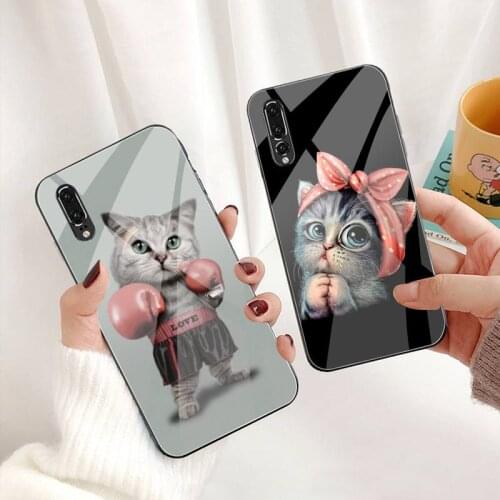 Cute Cat Phone Case Tempered Glass For Huawei P30 P20 P10 lite honor 7A 8X 9 10 mate 20 Pro