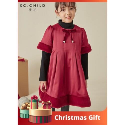 KC.Child 2020 Christmas Dresses For Girls Babys New Year Clothes Kids Warm Quilted Fake Rabbit Fur Velvet Bow Diamond Decoration