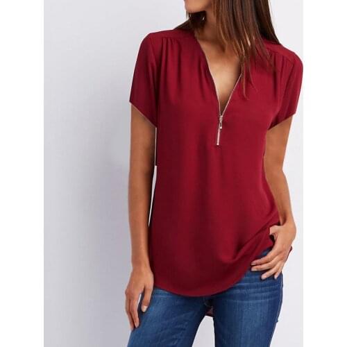 New Fashion Summer Womens Tee Shirts Oversize Solid Color Casual Tops Elegant Female V Neck Zipper Basic Shirt Ladies Clothing