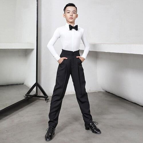 Boys Latin Dance Costumes White Shirts Black Pants Bow Tie Competition Outfits Cha Cha Samba Tap Dance Stage Clothing DNV15289