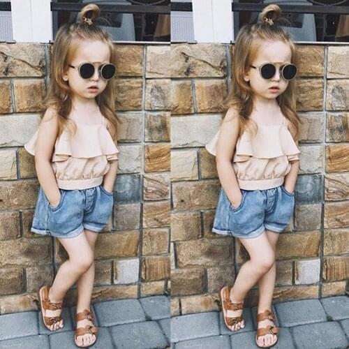 Summer Casual Girls Clothing Set Baby Girls Sleeveless Sling Strap Tops Blouse+Denim Shorts Pants Suits Infant Toddler Costumes
