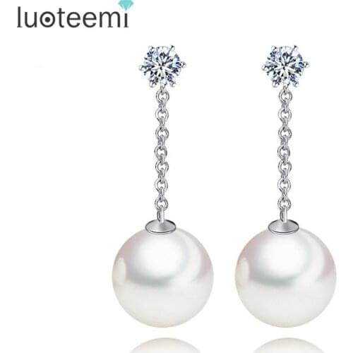 LUOTEEMI White Gold-Color Korean Superstar Design Elegant White Round Imitation Pearl Pendant Chandelier Earrings For Women