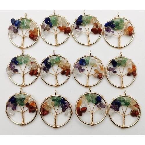 Fashion 30MM Gold plating Tree of Life 12pc Wisdom Tree Chakra Reiki Healing Natural Stone Pendant for Jewelry making accessorie