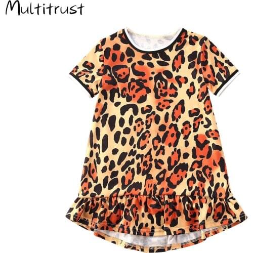 1-4Y Leopard Lovely Toddler Kids Baby Girls Dress Short Sleeve Ruffles Mini Straight Dress Summer Outfits