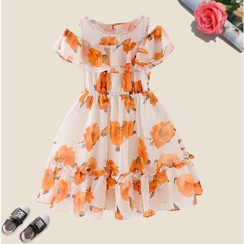 Girls Flower Dresses Summer Baby Kids Girls Clothes Floral Print Ruffles Princess Dresses Casual Chiffon Beach Wear Vestido