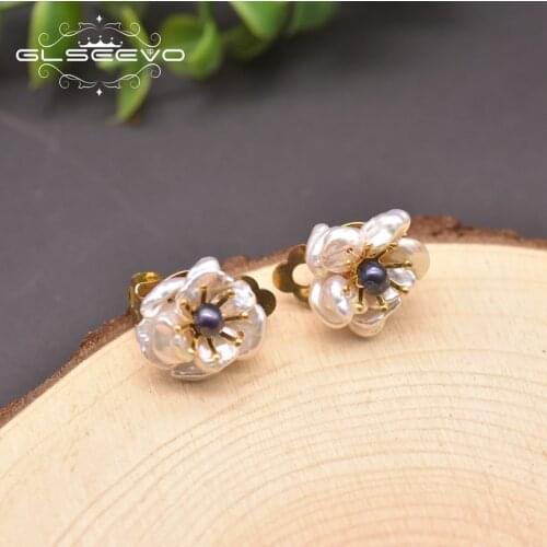 GLSEEVO Natural Baroque Double Pearls Flower Clip Earrings For Women Gift 2020 Statement Earrings Luxury Fine Jewelry GE0664B
