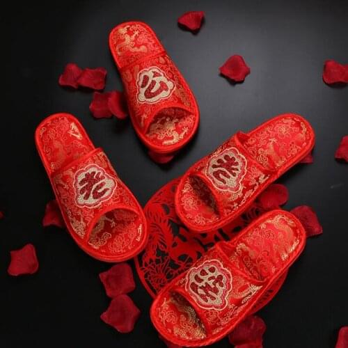 Spring Women Home Couple Wedding Slippers Chinese Style Bride Groom Party Slippers Slip on Flats Female Slides