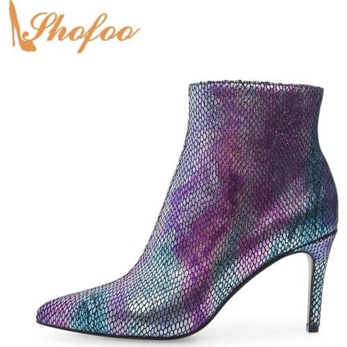Purple Multi Snake Embossed Ankle Boots High Heels Woman Pointed Toe Booties Big Size 13 16 Lady Lridescent Shimmer Shoes Shofoo