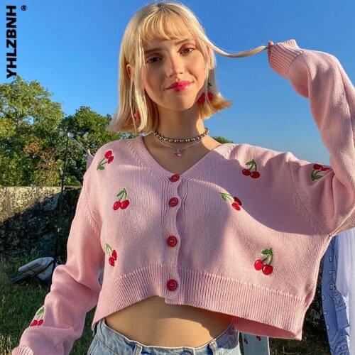 YHLZBNH Women Loose Knitwear Sweater Women V Neck Long Sleeves Casual Coat Cherry Embroidery Cardigan Korean Style