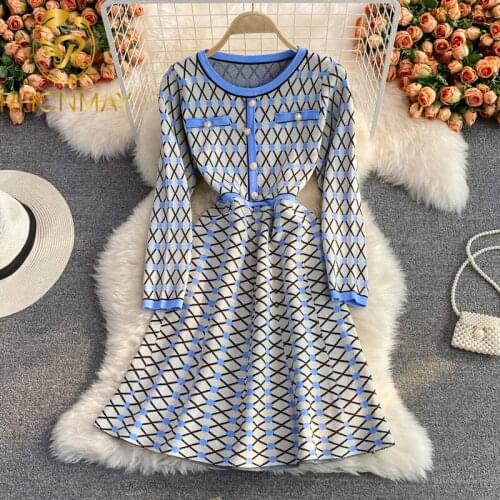 2021 New Autumn Winter Temperament Slim Knitted Women Dress O-Neck Long Sleeve A-Line Plaid Mini Knitwear Female