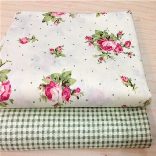 100x160cm Graceful Green Leaf Pink Rose Flower & Check Printed Cotton Fabric Floral Fabric For DIY Sewing Bedding Clothing