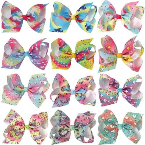 12pcs/lot 4.5" Cartoon Gradient Unicorn Bows With Clips Large Rainbow Hairpin Grosgrain Ribbon Hair Bow For Girls Children