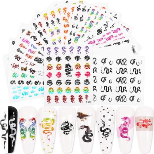 16pc/lot Snake Design 3D DIY Nail Art Stickers Colorful Dragon Transfer Stickers Slider Decals Tip Manicuring Decoration