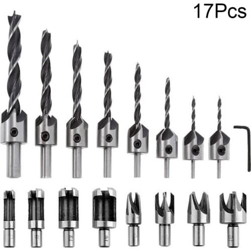 17Pcs Wood Plug Cutter Drill Cork Knife with L-Wrench High Speed Steel 5/8" 1/2" 3/8" 1/4" Woodworking Cork Drill Bit Set