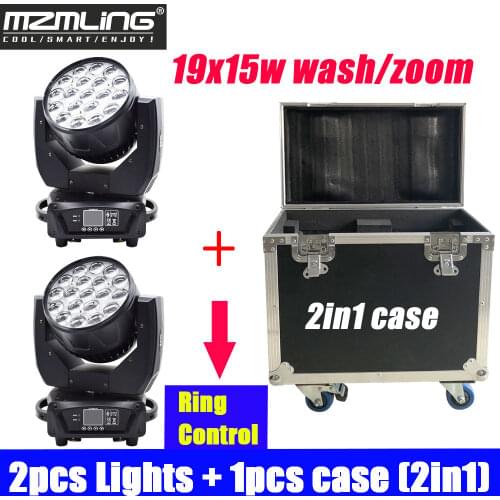 2PCS Lights + 1PCS Flight Case 19x15w RGBW 4in1 Wash/Zoom Light With Ring Control DMX512 Moving Head Light DJ/Bar Stage Light