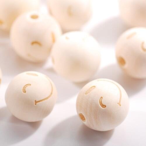 20mm 20pcs Round Wood Beads Natural Color Eco-Friendly Wooden Beads Smiley Pattern Beads