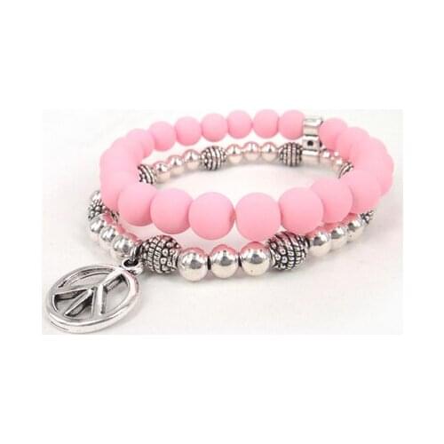 Free Shipping New Arrive fluorescence candy color pink glass beads bracelet with Alloy peace Charm Stretch Bracelet