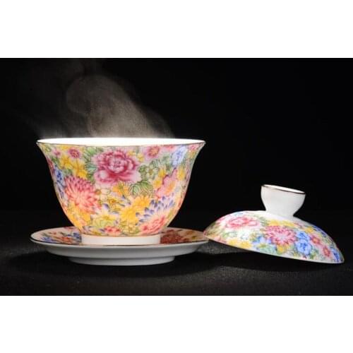 140ml Sancai GaiWan Old Beijing Eight Treasures RetroTea Bowl JingDeZhen Blue and White Porcelain Ceramic Tea Cup and Saucer Set