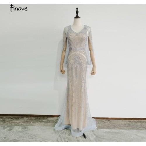 Finove Elegant Beading Evening Dresses 2021 V-Neck Mermaid Evening Gowns Formal Dress For Woman Plus Size