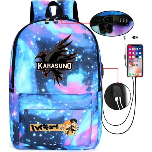 Haikyuu!! VBC Cartoon School Bags Large Travel Backpack Pink Bookbag USB Charging Laptop Backpack Anime Shoulder Bags
