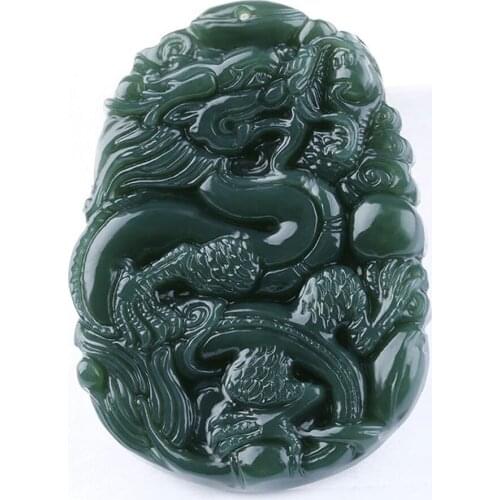 Fine Jewelry Natural Green Jades TLucky Wealth Dragon Lonng Necklace Pendant Amulet Free Shipping