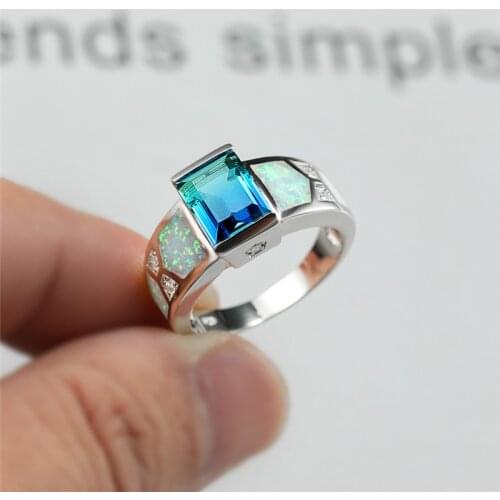 Blue Green Crystal Rainbow Gradient Zircon Ring White Fire Opal Silver Color Engagement Rings For Women Luxury Bridal Jewelry