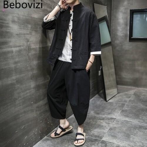 Kung Fu Chinese Style Suit Cotton Linen Black Hanfu Sets Men Traditional Tang Tops + Long Pants Clothes Bruce Lee Costume